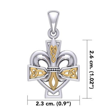 A powerful combination of Celtic elements ~ Sterling Silver with 14K Gold accent Jewelry Pendant in Fleur-de-Lis and Celtic Cross MPD6068 - Jewelry